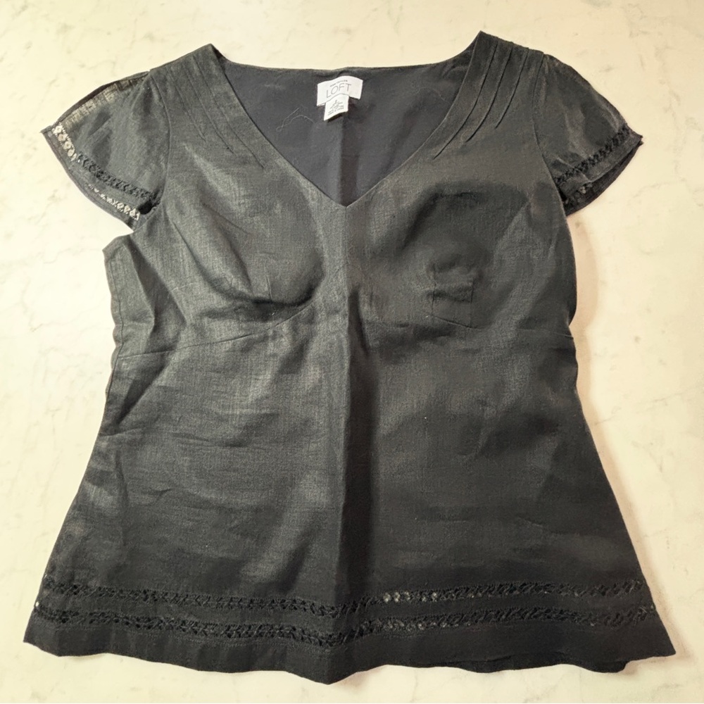 LOFT Black Linen V-Neck Blouse